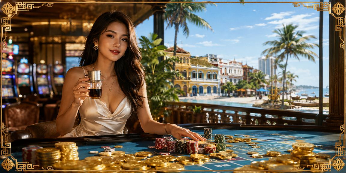 Cảnh giải trí casino và slot game tại thành phố Hồ Chí Minh với không gian cà phê