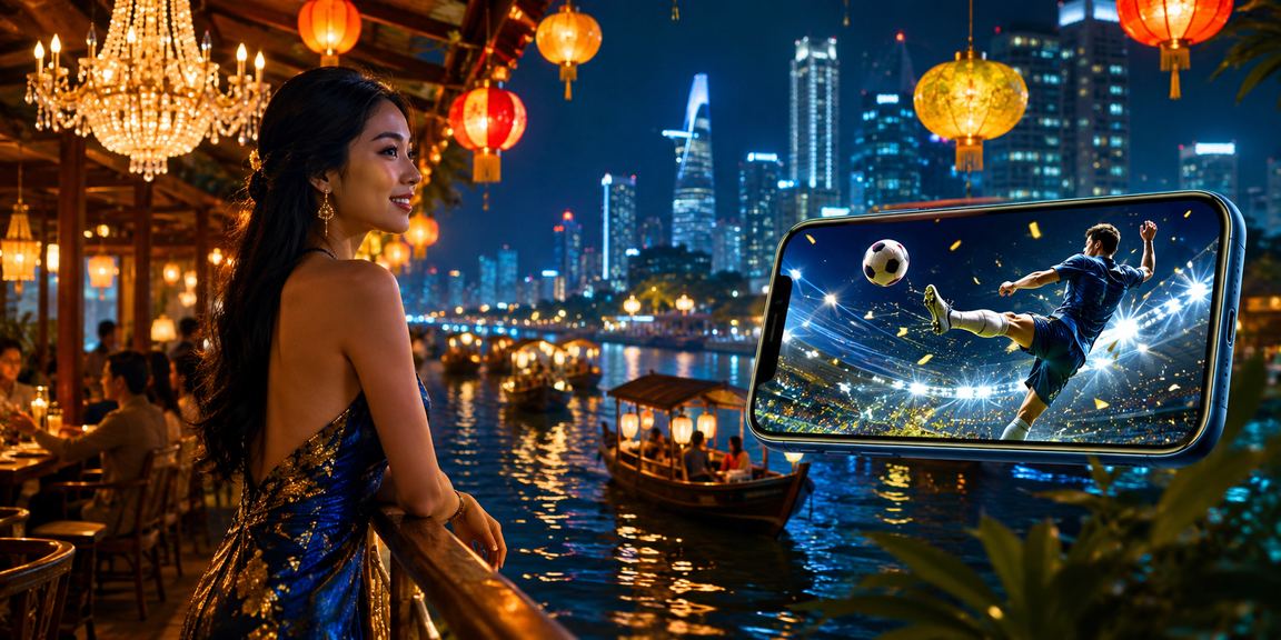 Người chơi xem trận đấu và tham khảo tỷ lệ kèo qua điện thoại ở khu chợ đêm miền Tây